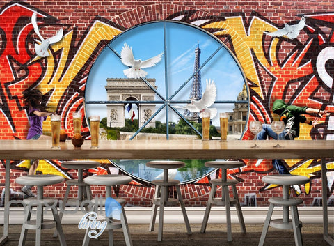 Image of 3D Graffiti Window Bird Paris Wall Murals Wallpaper Wall Art Decals Decor IDCWP-TY-000146