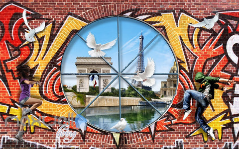 Image of 3D Graffiti Window Bird Paris Wall Murals Wallpaper Wall Art Decals Decor IDCWP-TY-000146