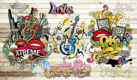 Image of 3D Graffiti Board Lips Love Music Wall Murals Wallpaper Wall Art Decals Decor IDCWP-TY-000148