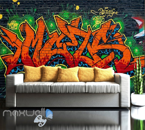 Image of Graffiti Fire Letters Green Blue Wall Murals Wallpaper Art Decals Print Decor IDCWP-TY-000160