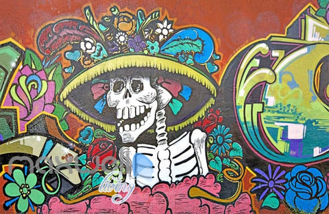 Image of 3D Graffiti Skeleton Rose Daisy Flower Wall Murals Wallpaper Decals Print Decor IDCWP-TY-000184