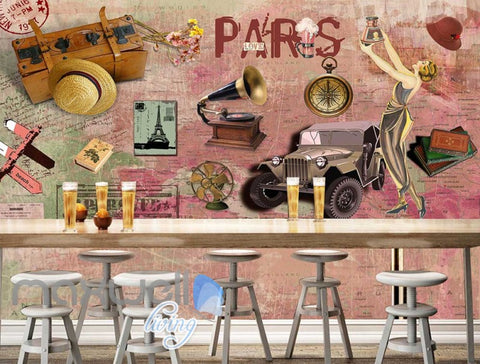 Image of 3D Graffiti Vintage Paris Jeep Phonograph Art Wall Murals Wallpaper Decals Print IDCWP-TY-000204