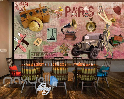 Image of 3D Graffiti Vintage Paris Jeep Phonograph Art Wall Murals Wallpaper Decals Print IDCWP-TY-000204