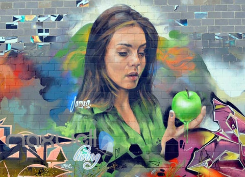 Image of 3D Graffiti Green Apple Lady Portrait Wall Murals Wallpaper Decals Prints Decor IDCWP-TY-000230