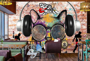 3D Graffiti Earphone Cat Rock Roll Art Wall Murals Wallpaper Decals Prints Decor IDCWP-TY-000281