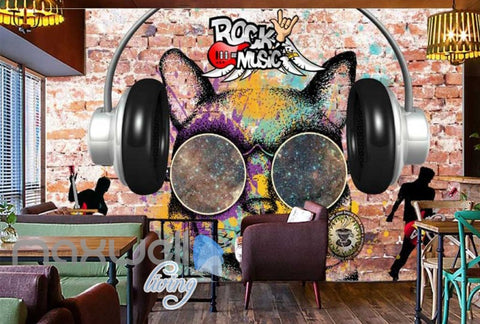 Image of 3D Graffiti Earphone Cat Rock Roll Art Wall Murals Wallpaper Decals Prints Decor IDCWP-TY-000281