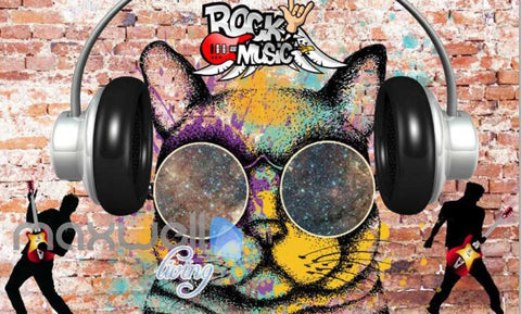 Image of 3D Graffiti Earphone Cat Rock Roll Art Wall Murals Wallpaper Decals Prints Decor IDCWP-TY-000281