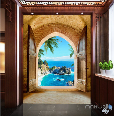 Image of 3D Beach Island Palm Tree Arch Entrance Wall Decal Home Gift 001