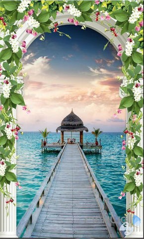 Image of 3D Pier Sea Jetty Arch Flower Vine Entrance Wall Decal Mural Art Prints 003