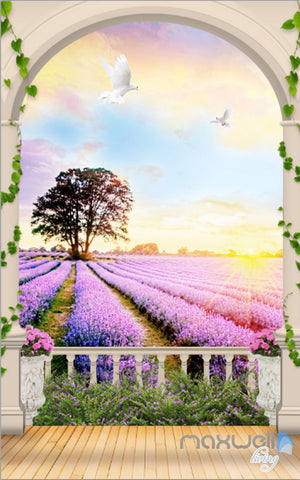 Image of 3D Arch Lavender Field Tree Sunrise Entrance Wall Mural Wallpaper Decal Art Prints 004
