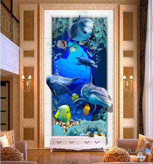 3D Dophins Fish Under Sea Coral Corridor Entrance Wall Mural Decals Art Prints Wallpaper 014