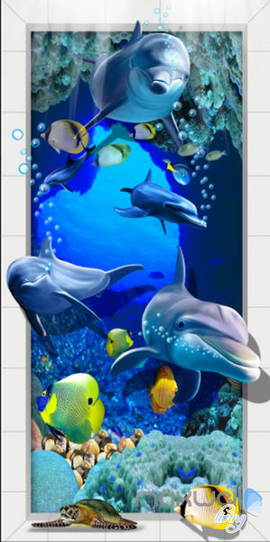 3D Dophins Fish Under Sea Coral Corridor Entrance Wall Mural Decals Art Prints Wallpaper 014