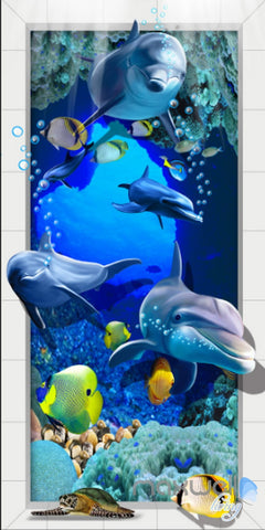 Image of 3D Dophins Fish Under Sea Coral Corridor Entrance Wall Mural Decals Art Prints Wallpaper 014