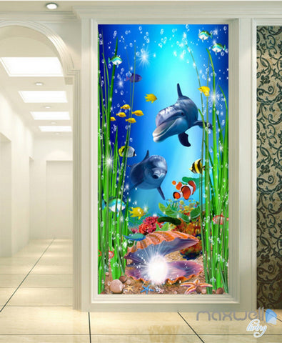 Image of 3D Dophins Pearl Shell Fish Corridor Entrance Wall Mural Decals Art Prints Wallpaper 015