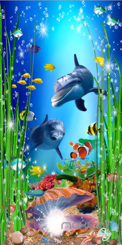 Image of 3D Dophins Pearl Shell Fish Corridor Entrance Wall Mural Decals Art Prints Wallpaper 015