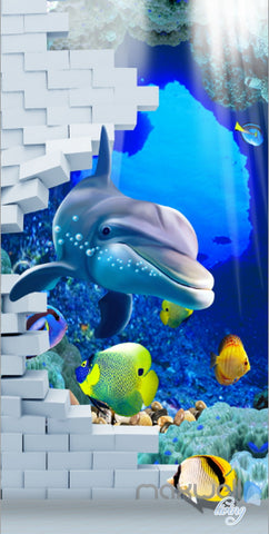 Image of 3D Bricks Dophin Fish Hole Corridor Entrance Wall Mural Decals Art Prints Wallpaper 017