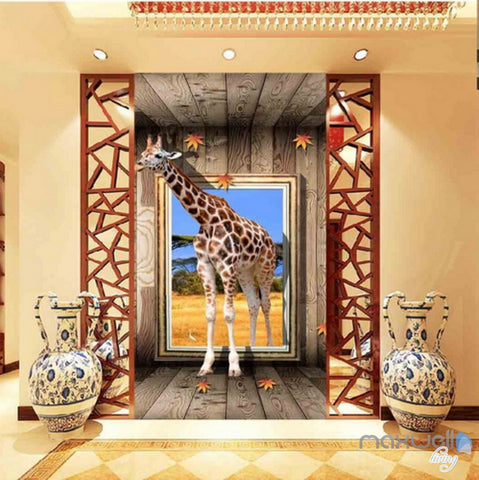 Image of 3D Girraffe Through Window Corridor Entrance Wall Mural Decals Art Print Wallpaper 025