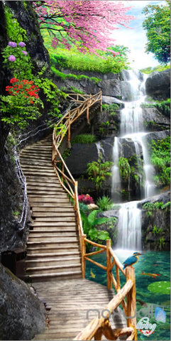 Image of 3D Fall Cherry Blossom Stairs Corridor Entrance Wall Mural Decals Art Print Wallpaper 030