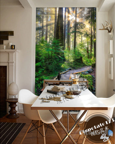 Image of 3D Forest Sun Beam Corridor Entrance Wall Mural Decals Art Print Wallpaper 034