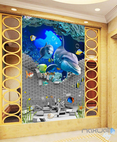 Image of 3D Bricks Dophin Fish Bubble Corridor Entrance Wall Mural Decals Art Prints Wallpaper 035
