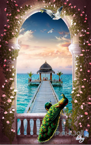 Image of 3D Balcony Peacock Window Pier Sea Corridor Entrance Wall Mural Decals Art Print Wallpaper 037