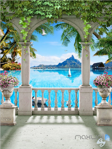 Image of 3D Pillar Balcony Palm Tree Corridor Entrance Wall Mural Decals Art Print Wallpaper 052
