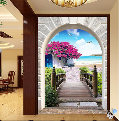 Image of 3D Flower Blossom Tree Bridge Corridor Entrance Wall Mural Decals Art Print Wallpaper 053