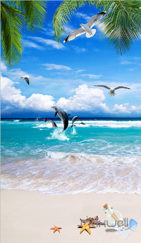 Image of 3D Tropical Island Beach Dophin Corridor Entrance Wall Mural Decals Art Print Wallpaper 057