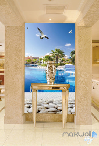 Image of 3D Blue Pool Stone Corridor Entrance Wall Mural Decals Art Print Wallpaper 058