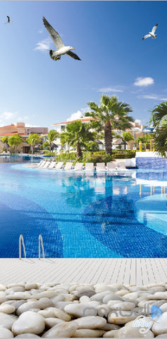 Image of 3D Blue Pool Stone Corridor Entrance Wall Mural Decals Art Print Wallpaper 058