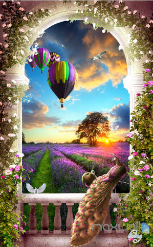 Image of 3D Balcony Peacock Hot Airbaloon Lavender Corridor Entrance Wall Mural Decals Art Print Wallpaper 064