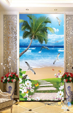 Image of 3D Butterfly Flower Palm Tree Beach Corridor Entrance Wall Mural Decals Art Print Wallpaper 065