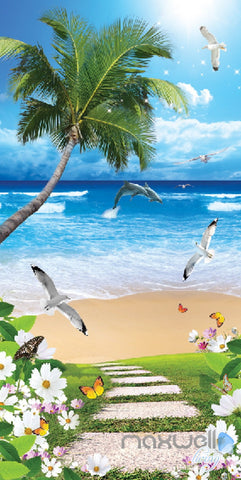 Image of 3D Butterfly Flower Palm Tree Beach Corridor Entrance Wall Mural Decals Art Print Wallpaper 065