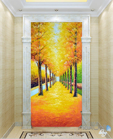 Image of 3D Yellow Leaves Tree Corridor Entrance Wall Mural Decals Art Print Wallpaper 070