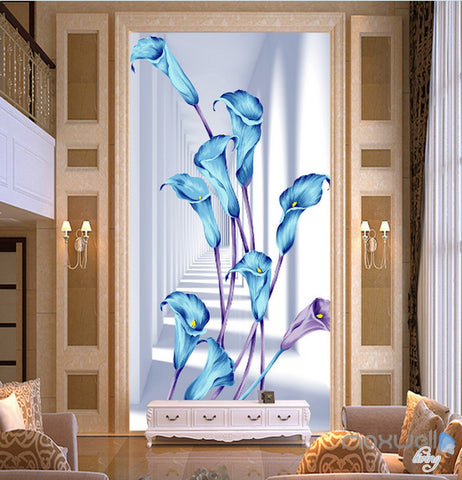 Image of 3D Blue Flowers Corridor Entrance Wall Mural Decals Art Print Wallpaper 071