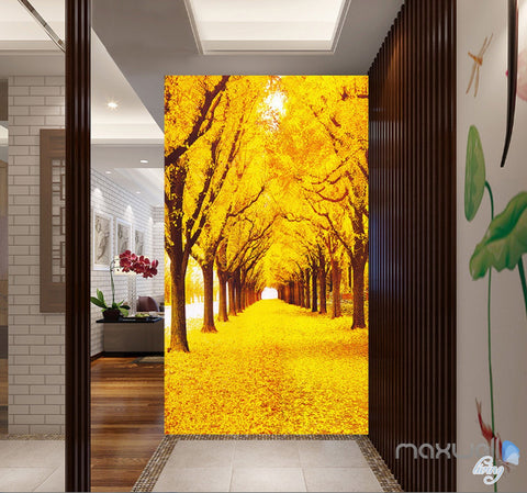 Image of 3D Yellow Leaves Fall Tree Corridor Entrance Wall Mural Decals Art Print Wallpaper 072
