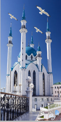 Image of 3D White Building Blue Sky Corridor Entrance Wall Mural Decals Art Print Wallpaper 074