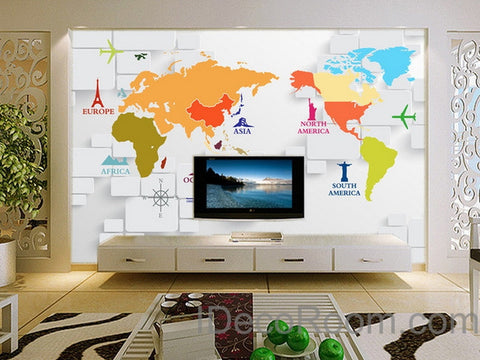 Image of 3D Abstract World Map Sign Wallpaper Wall Decals Wall Art Print Wall Mural Home Decor Indoor Office Business Deco