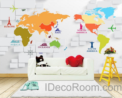 Image of 3D Abstract World Map Sign Wallpaper Wall Decals Wall Art Print Wall Mural Home Decor Indoor Office Business Deco