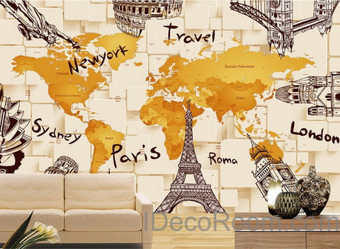 Image of 3D Architecture World Map Wallpaper Wall Decals Wall Art Print Mural Home Decor Indoor Office Business Deco