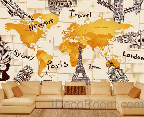 Image of 3D Architecture World Map Wallpaper Wall Decals Wall Art Print Mural Home Decor Indoor Office Business Deco