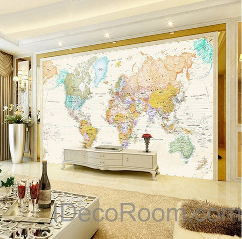 Image of Colorful World Map Wallpaper Wall Decals Wall Art Print Mural Home Decor Office Business Indoor Deco