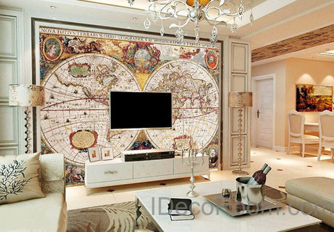 Image of Vintage HD World Map Wallpaper Wall Decals Wall Art Print Mural Home Decor Office Business Indoor Deco