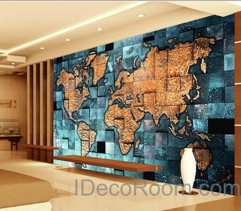 Image of 3D Blue Ocean Abstract World Map Wallpaper Wall Decals Wall Art Print Mural Home Decor Indoor Office Business Deco