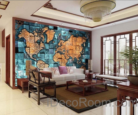 Image of 3D Blue Ocean Abstract World Map Wallpaper Wall Decals Wall Art Print Mural Home Decor Indoor Office Business Deco