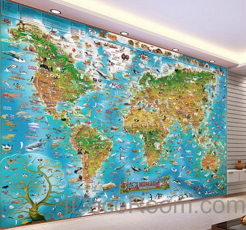 Image of 3D Animals Abstract World Map Wallpaper Wall Decals Wall Art Print Mural Home Decor Kids Nursery Office Business Childcare Deco Public School