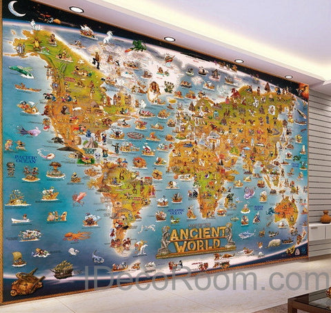 Image of 3D Ancient Animals Catoon World Map Wallpaper Wall Decals Wall Art Print Mural Home Decor Kids Nursery Office Business Childcare Deco Public School