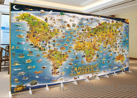 Image of 3D Ancient Animals Catoon World Map Wallpaper Wall Decals Wall Art Print Mural Home Decor Kids Nursery Office Business Childcare Deco Public School