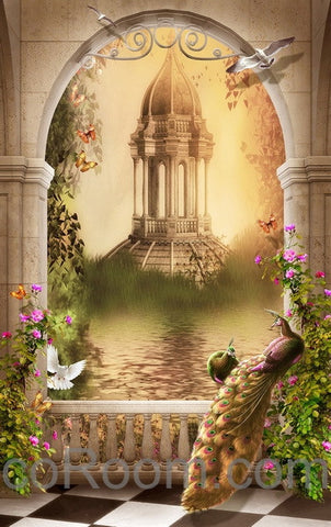 Image of 3D Garden Peacock Pergola Wall paper Princess Pink Wallpaper Wall Decals Wall Art Print Mural Home Decor Indoor Bussiness Office Deco