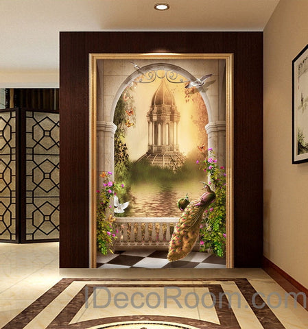 Image of 3D Garden Peacock Pergola Wall paper Princess Pink Wallpaper Wall Decals Wall Art Print Mural Home Decor Indoor Bussiness Office Deco